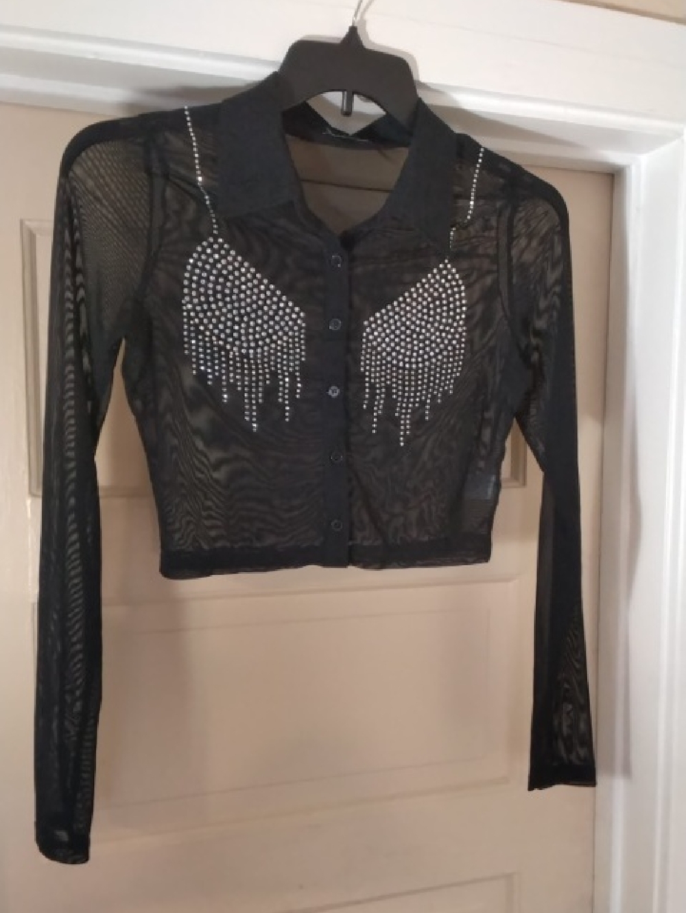 Hot & Delicious Black Sheer Rhinestone-Embellished Cropped Button-Up